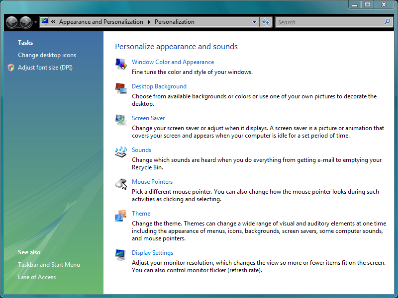 zmień opcje wyświetlania wstecz Windows Vista